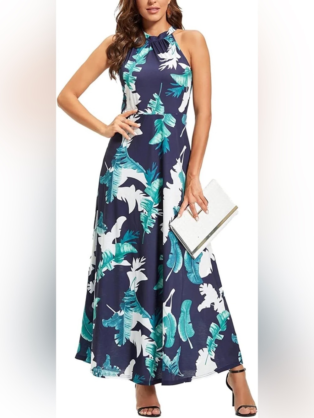 Tropical Leaf Halter Maxi Dress Navy Green White Resort Plus Size XXL